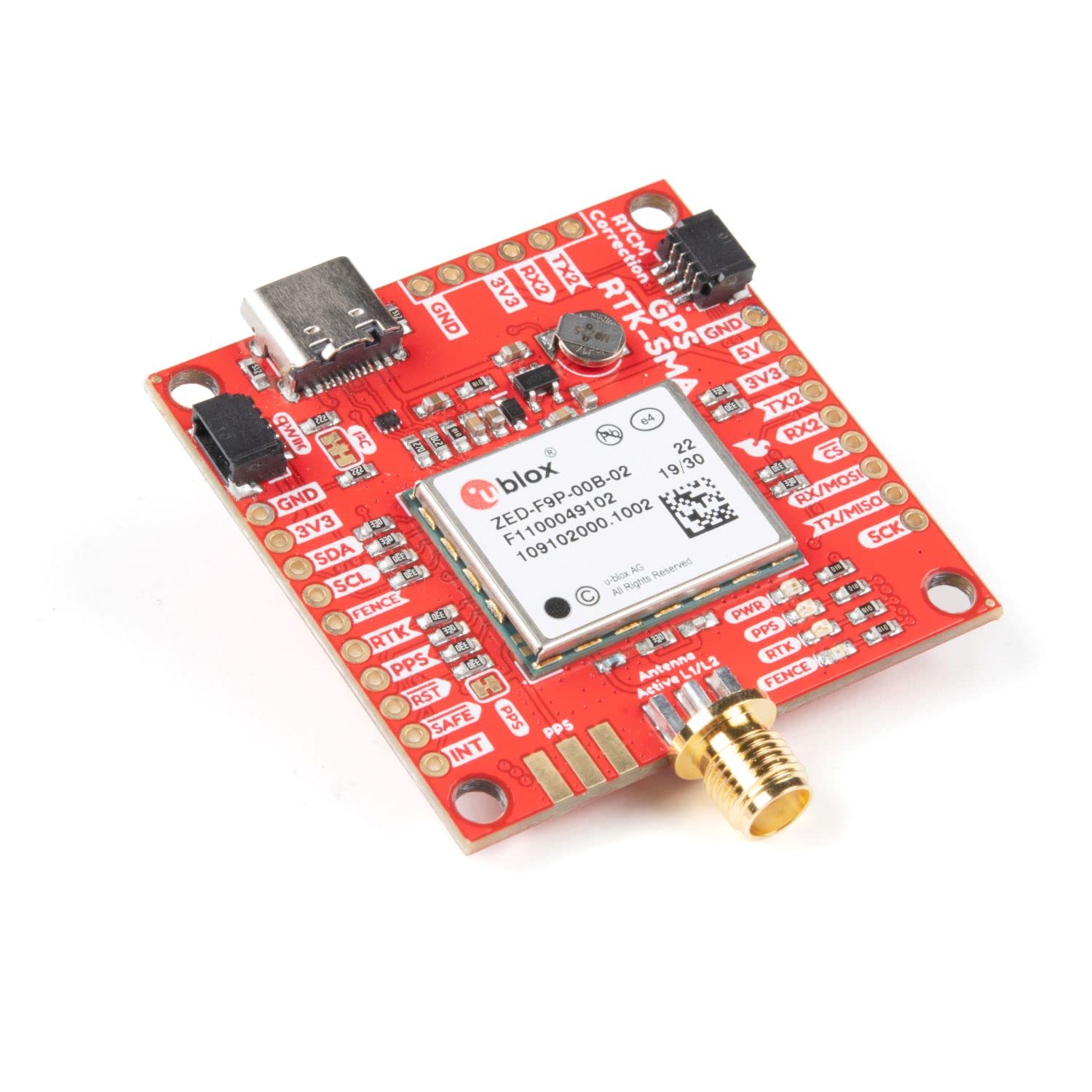 SparkFun GPS-RTK-SMA Breakout-ZED-F9P (Qwiic)-Concurrent reception of GPS GLONASS Galileo BeiDou High precision GPS 10mm 3 dimensional accuracy Receives L1C/A & L2C bands Voltage:5V or 3.3V Logic:3.3V