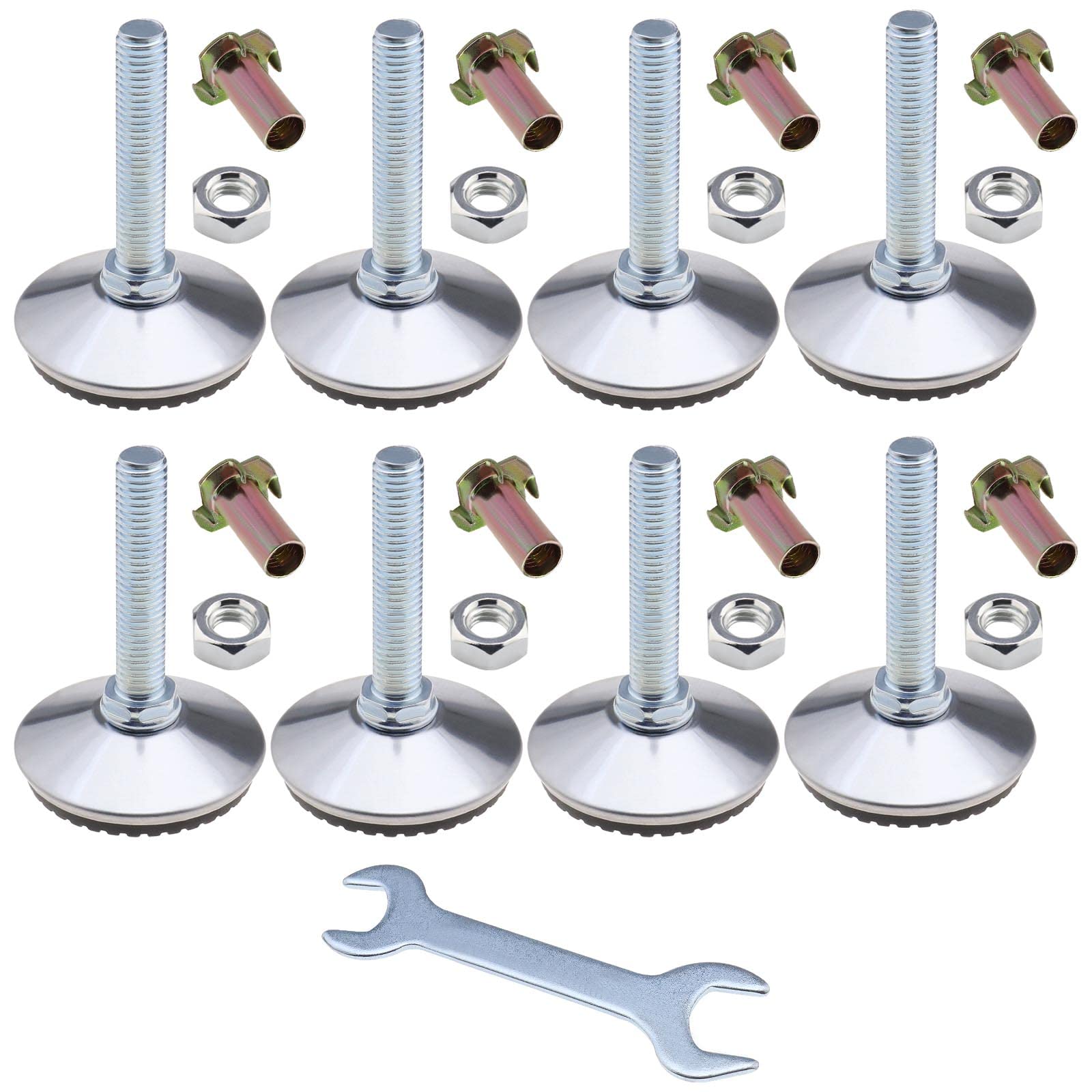 eMagTech 8 Set Adjustable Levelling Feet M10 Height Adjuster Furniture Levellers Foot with T Nut Bolt Wrench for Table Chair Kitchen Cabinet Silver