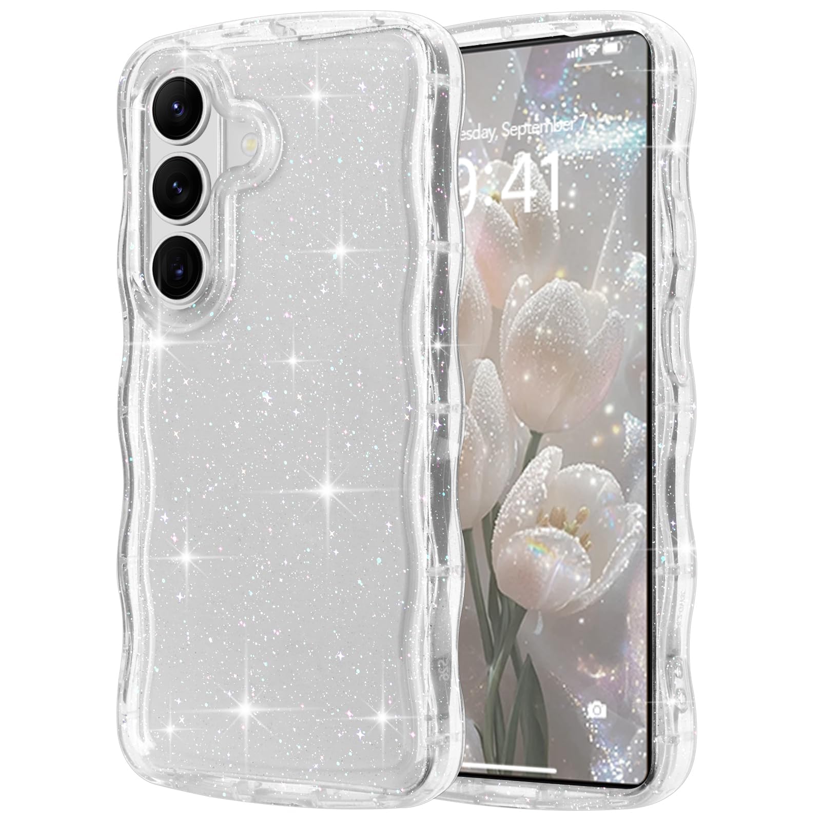 Pepmune for Samsung Galaxy S26 Plus Case Clear, Cute Sparkly Bling Glitter Curly Wave Edge Bumper Cover for Women Girls Men TPU Drop Protection Shockproof Phone Case for Samsung Galaxy S26 Plus, Clear