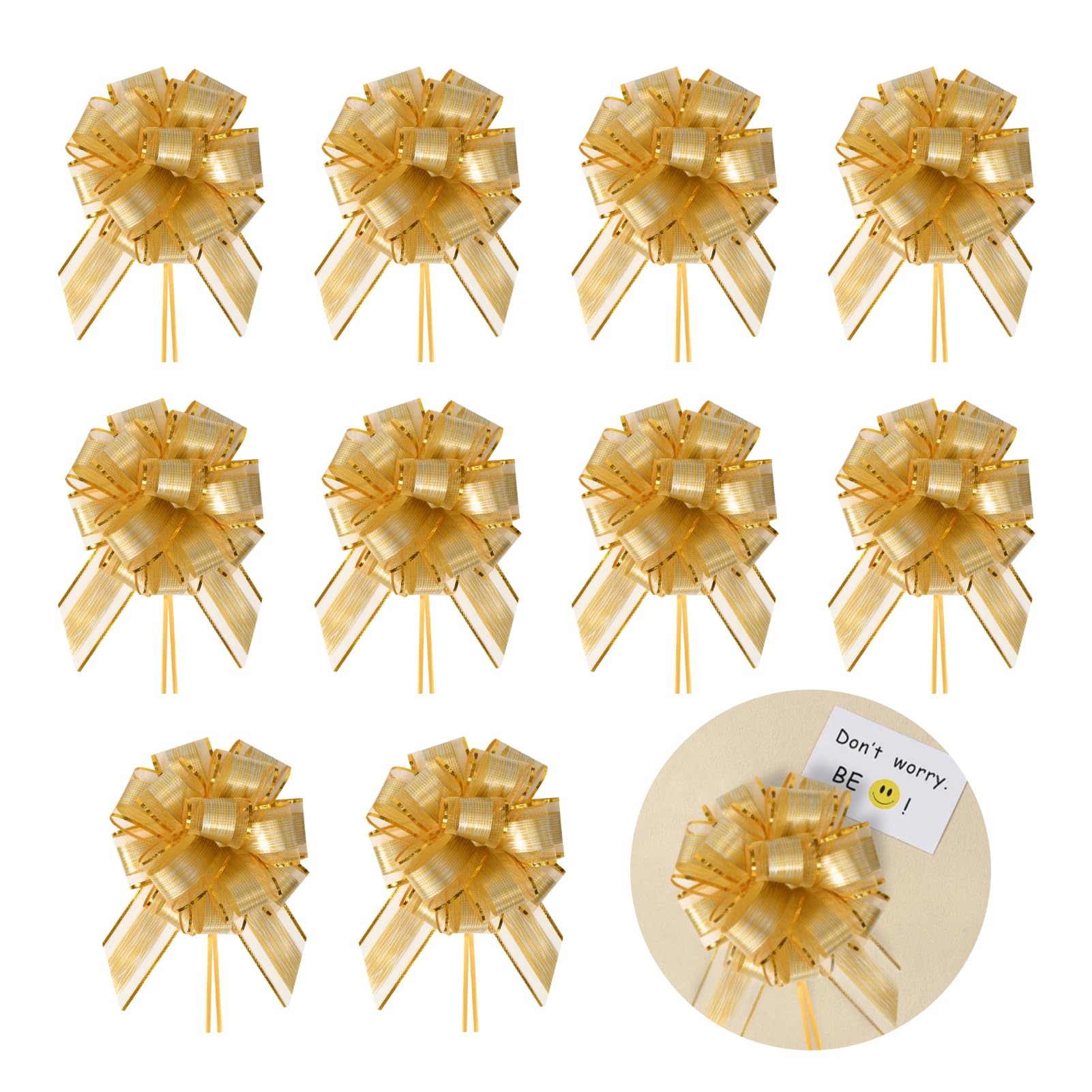 Garnirise Large Pull Bows 10Pcs Gold Big Bow Gift Wrapping Ribbon, Ribbon Bows for Wedding Christmas Birthday Party Gift Baskets Valentine's Day Flower Boxes Decoration Baskets