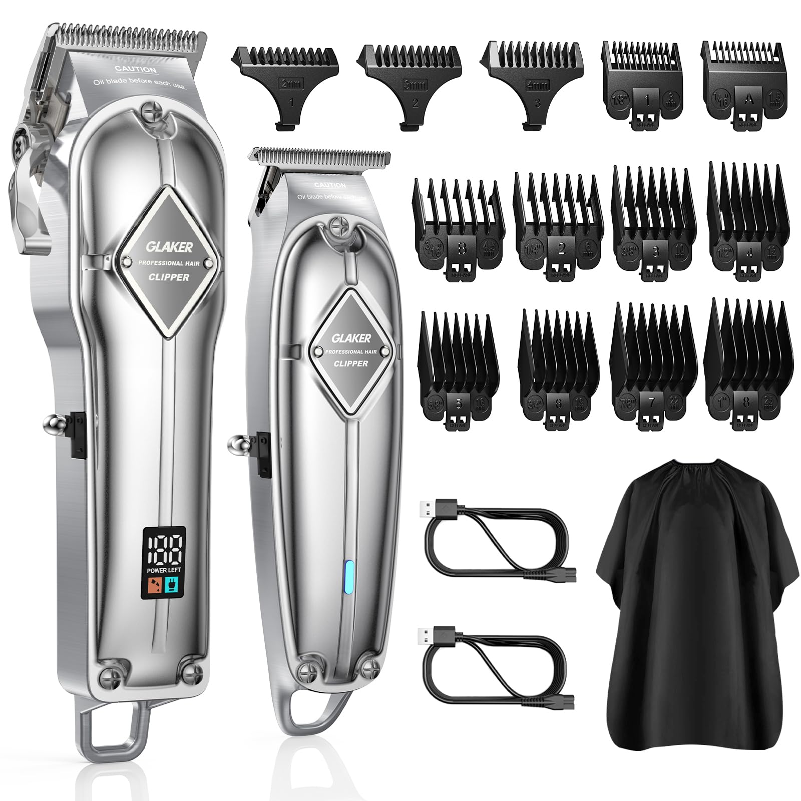 GLAKER Hair Trimmer for Men - Professional Clippers and Trimmers Set, Cordless Clippers for Hair Cutting, Rechargeable Barber Kit with T Blade Liner and Complete Guards Set for Men's Grooming