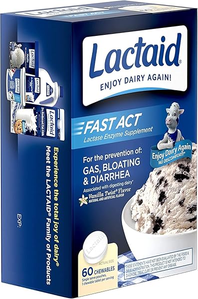 LACTAID FAST ACT LACTOSE INTOLERANCE RELIEF CHEWABLES WITH NATURAL LACTASE ENZYME TO PREVENT GAS, BLOATING & DIARRHEA DUE TO LACTOSE SENSITIVITY, ON-THE-GO, VANILLA TWIST FLAVOR, 60 X 1 CT