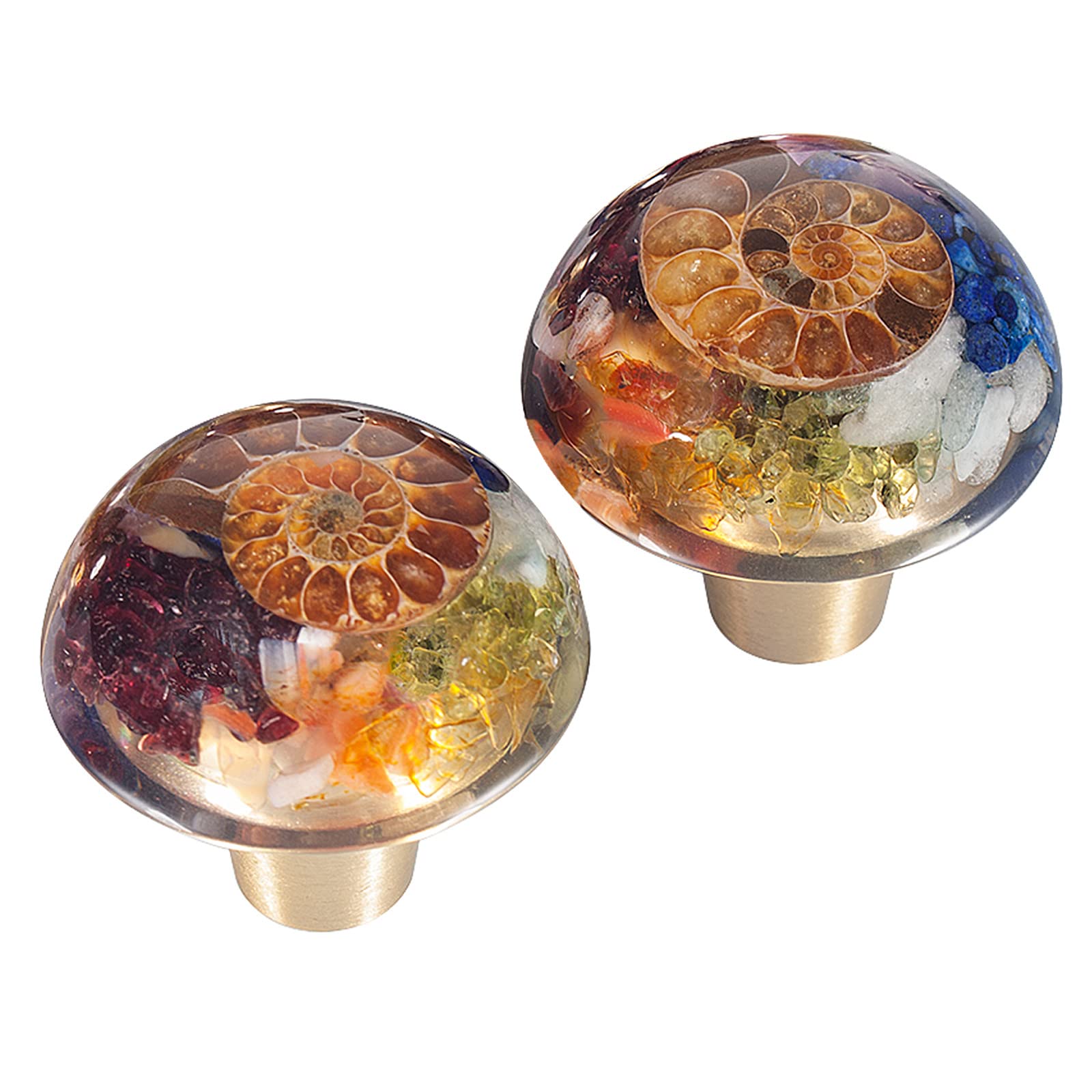 mookaitedecor Chakra Crystal Stone Drawer Knobs with Screws Set of 2, Ammonite Fossil Resin Reiki Crystal Stone Pulls Handle for Dresser Cupboard Kitchen Wardrobe Colourful Knobs Decorative Home Decor