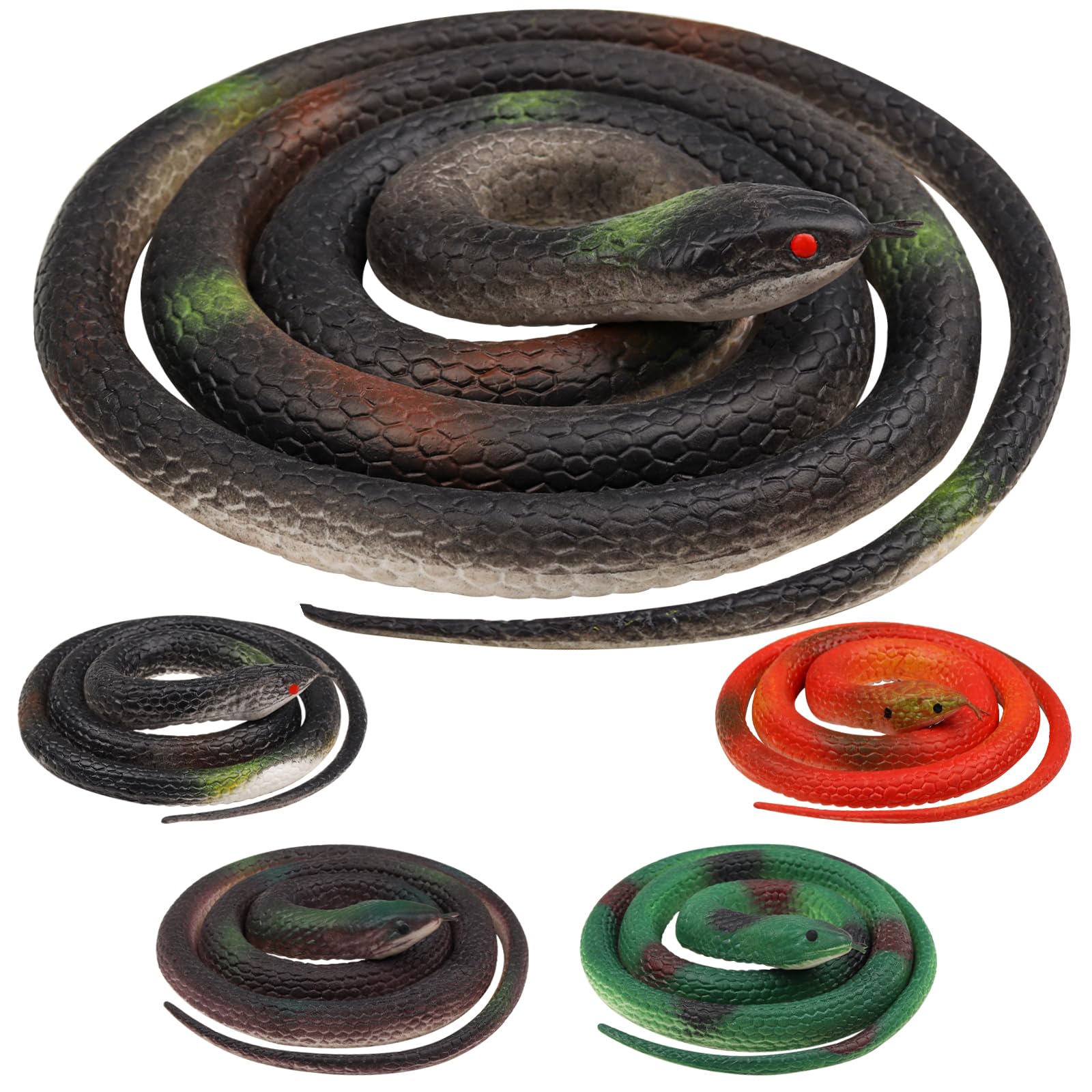 DOITEM 5 Pieces Rubber Snakes 120cm Fake Snake 75cm Plastic Snakes Realistic Snakes Multicolor Fake Snake for Garden Props to Keep Birds Away, Pranks