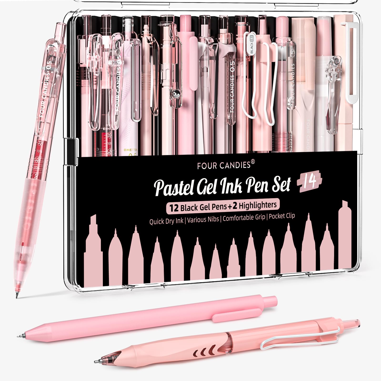 Four Candies 14Pack Pastel Gel Ink Pen Set,Cute Retractable 0.5mm Fine Point Pen,Note Taking Aesthetic Pens,12 Pack Black Ink Pens with 2Pack Highlighter, Smooth Writing Pens for School, Office (Pink)