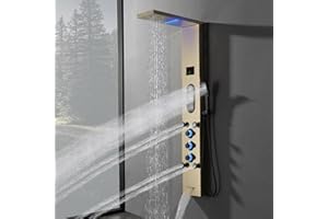 Bathfinesse Gold Shower Tower, Bathroom Shower Panel System with Large Area Body Jet Massage Shower Fixtures with Temperature