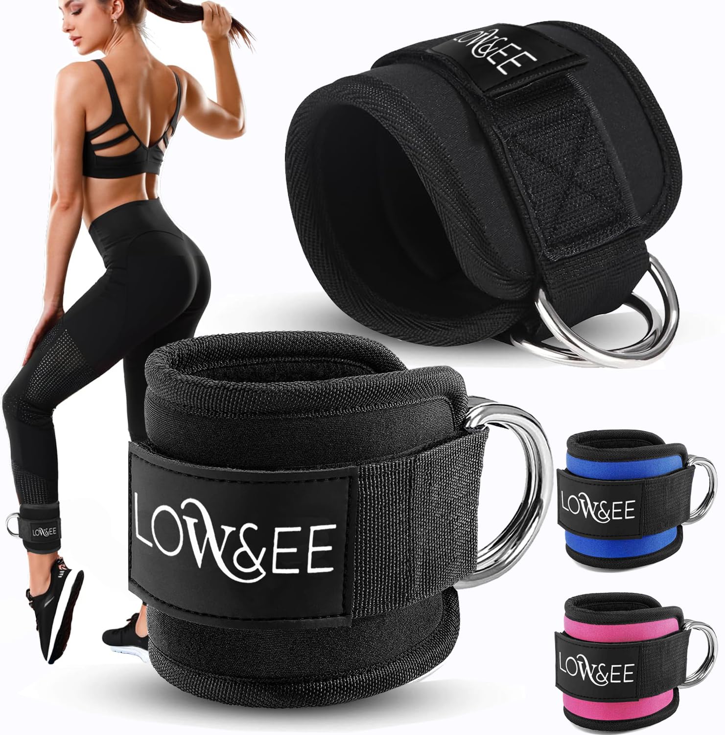 Pack of 2 Ankle Pulleys Gym – Ankle Brace for Padded Velcro Pulley for Women and Men – Gym Ankle Strap for Cable Machine Fitness and Gym (Black)