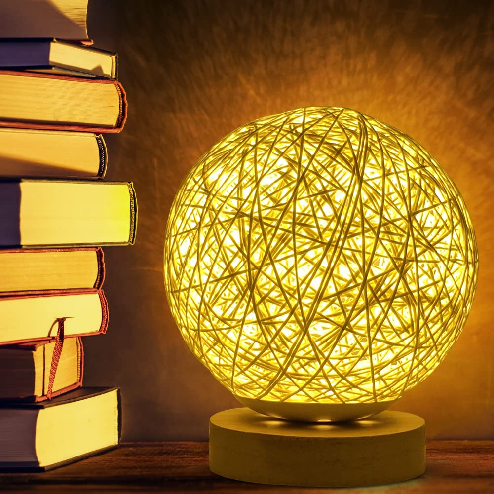 Gohytal LED bedside lamp, beige spherical ball lamp, dimmable night lights, wooden rattan LED table lamp with USB cable, monochrome atmosphere night light for bedroom, children's room, living room.