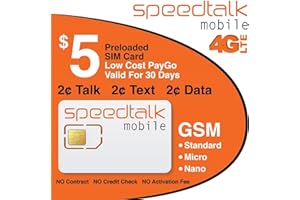 SpeedTalk Mobile $5 Prepaid Wireless Pay Go Plan for SmartPhones & Cellphones | 5G 4G LTE | 2¢ Talk, Text, Data |Triple Cut (Mini,Micro,Nano)GSM Sim Card | No Contract No Credit Check | 30 Day Service