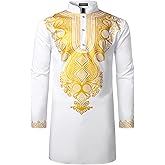 LucMatton Men's African Traditional Dashiki Luxury Metallic Gold Printed Mid Long Shirt