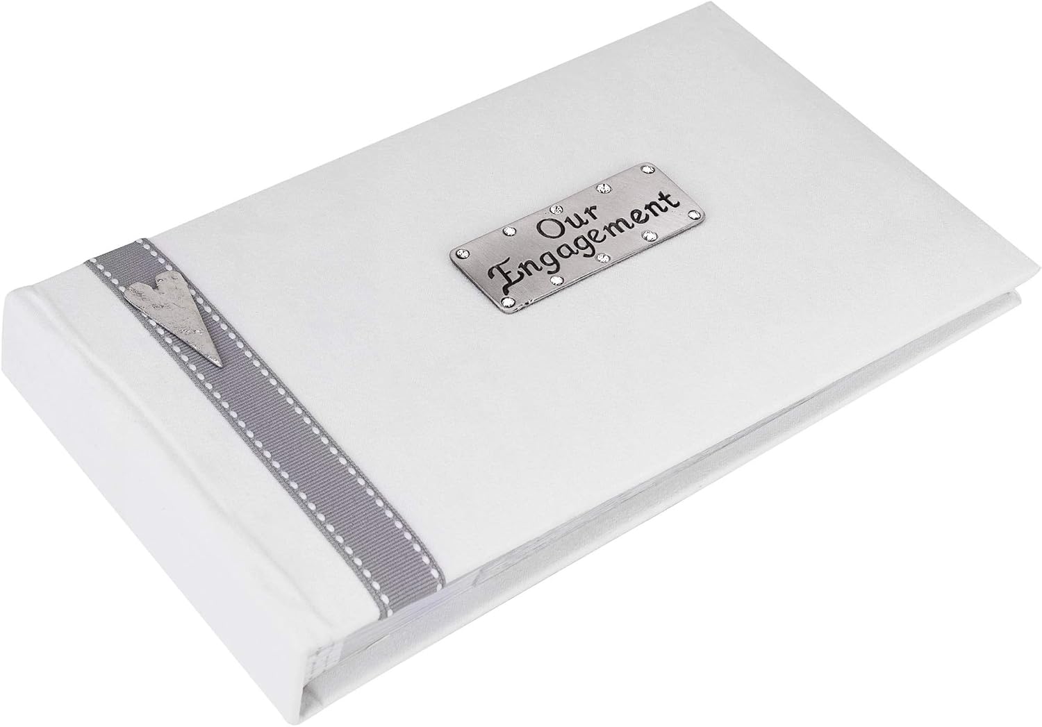 Our Engagement photo album with a smart grey stitched ribbon and elongated pewter heart design. Holds forty 6x4 inch photos