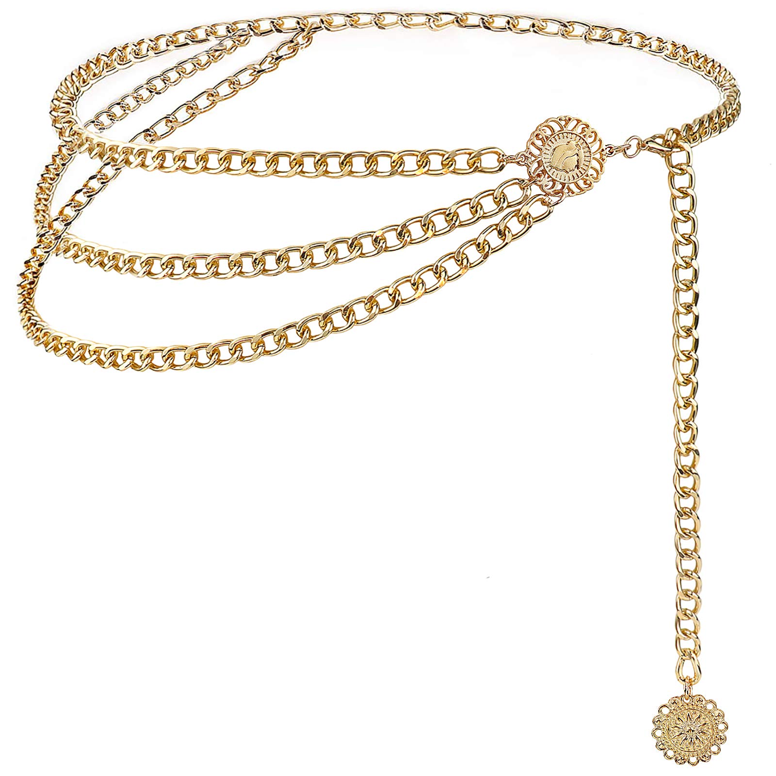 DTWAWA Multi Layer Waist Chain, Adjustable Rhinestone Chain Belt for Dress for Women (Gold-flower, 110cm)