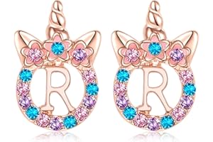 TRWWELL Cute Rose Gold Silver Initial Unicorn Hypoallergenic Stud Earrings Rhinestone Initial Letter Stud Earrings for Girls Unicorns Jewelry Gifts for Kids Toddler