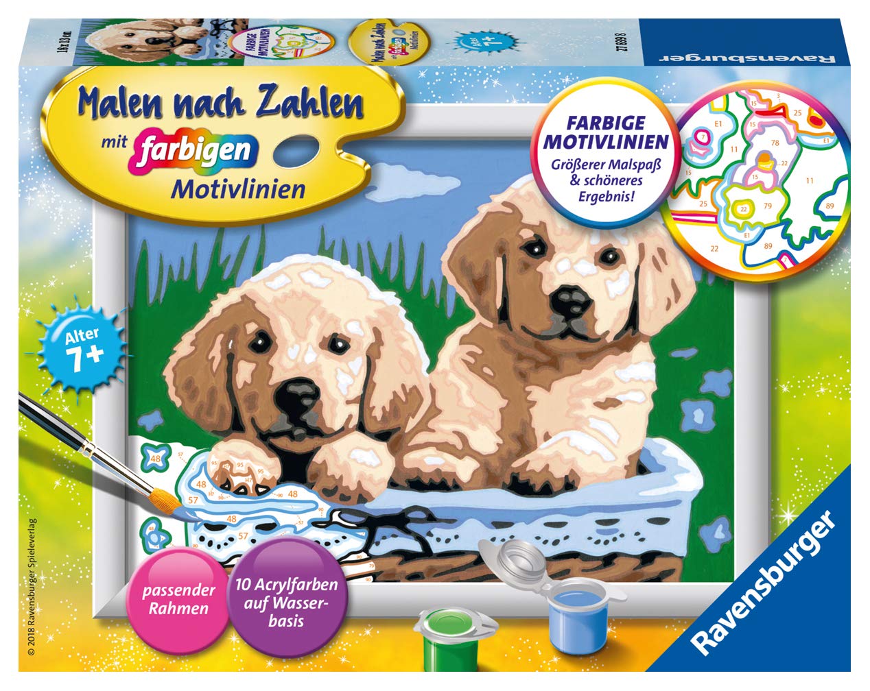 Ravensburger CreArt 27839 - Cute Dog Puppies - Painting by Numbers Dogs for Children from 7 Years, Painting Set with Frame, Brush and Acrylic Paints, Gift for Girls and Boys — image 1