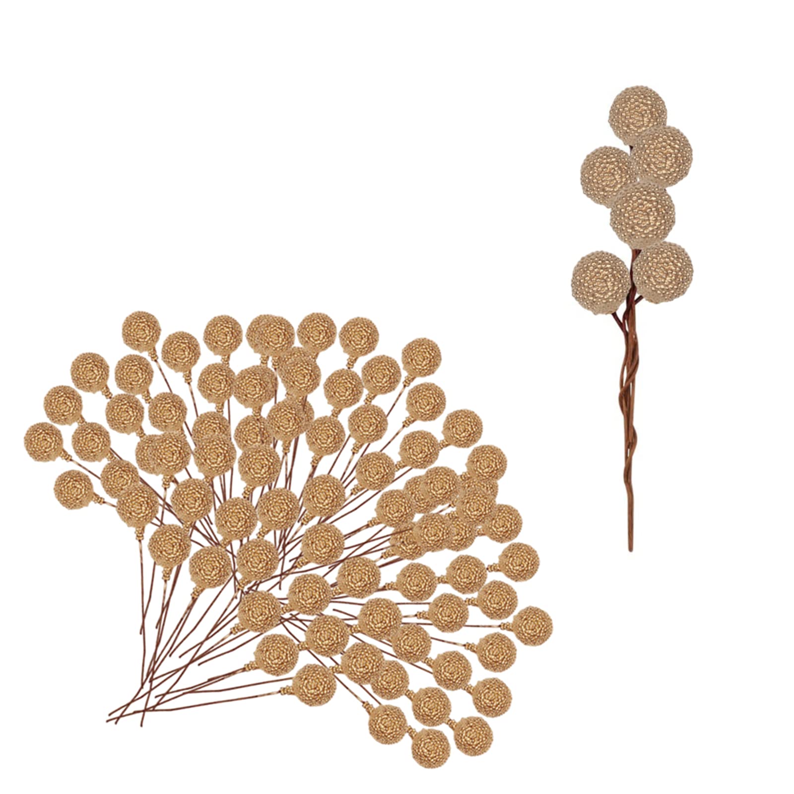 Mienocol 100pcs Christmas Artificial Frosted Fruit Berry, 1.4cm Gold Twig Stem Fruits Picks for Winter Wreath Making, Xmas Tree Decorations Supplies