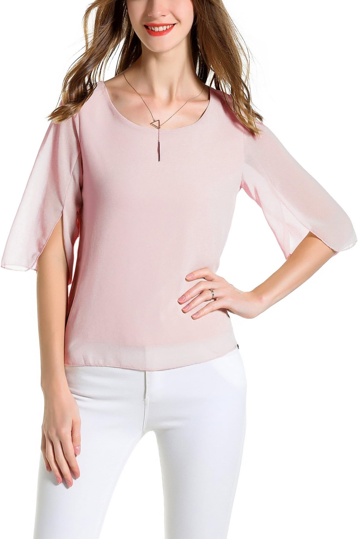 Angelady Women Chiffon T-Shirt Blouse Scoop Neck 3/4 Sleeve Casual Top