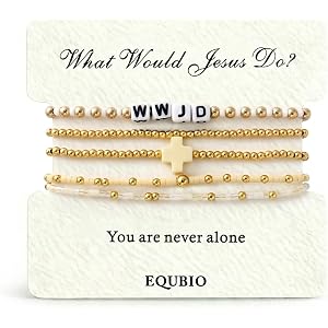 EQUBIO WWJD Bracelets for Women, 14K Gold Plated Seed Bead Bracelet Set | Colorful Christian Bracelet Stack with Cross Charms