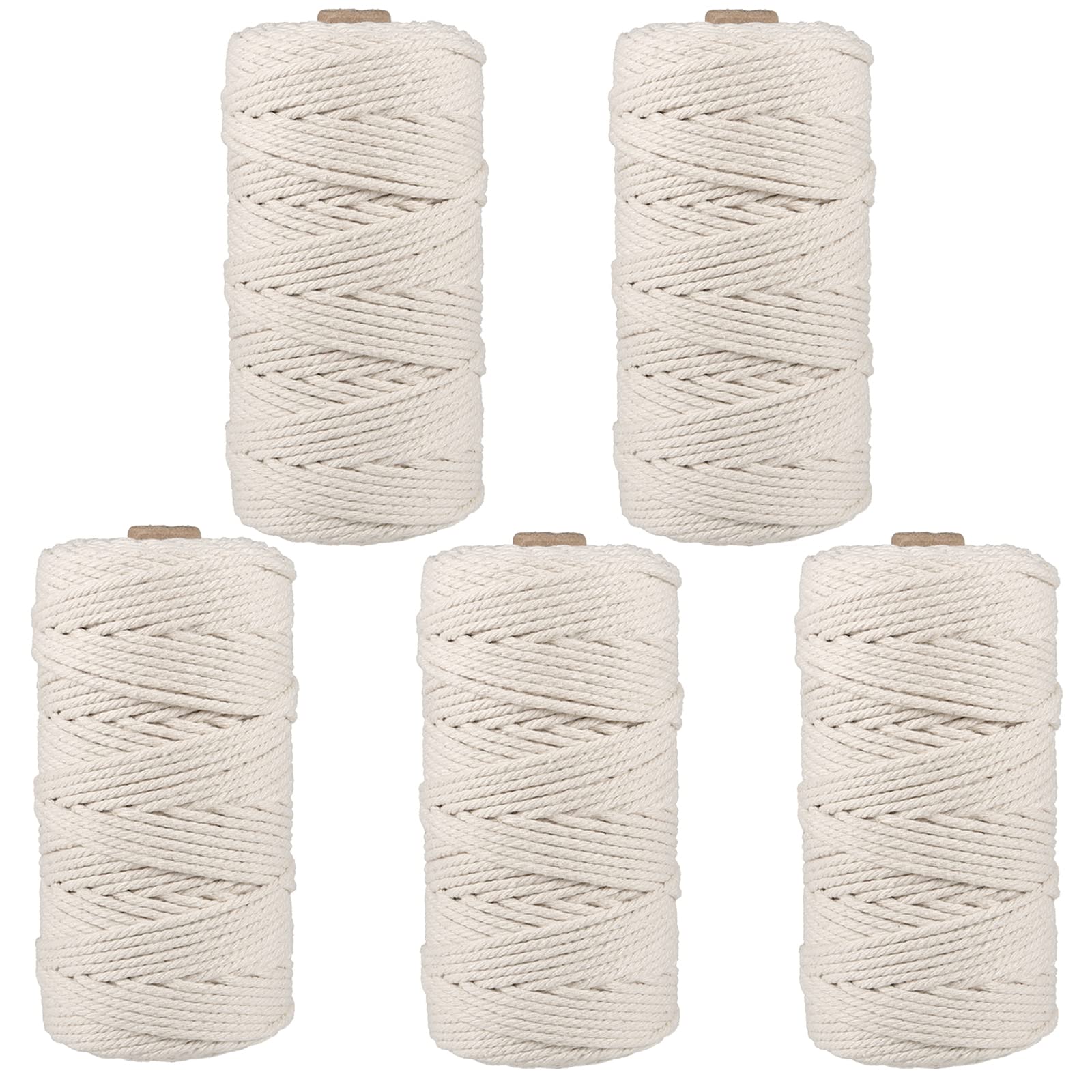 MANCHAP 5 PCS 3mm x 100m Macrame Cord, 4-Strand Twisted Macrame Cotton Rope for Wall Hanging, Knitting, Gift Wrapping