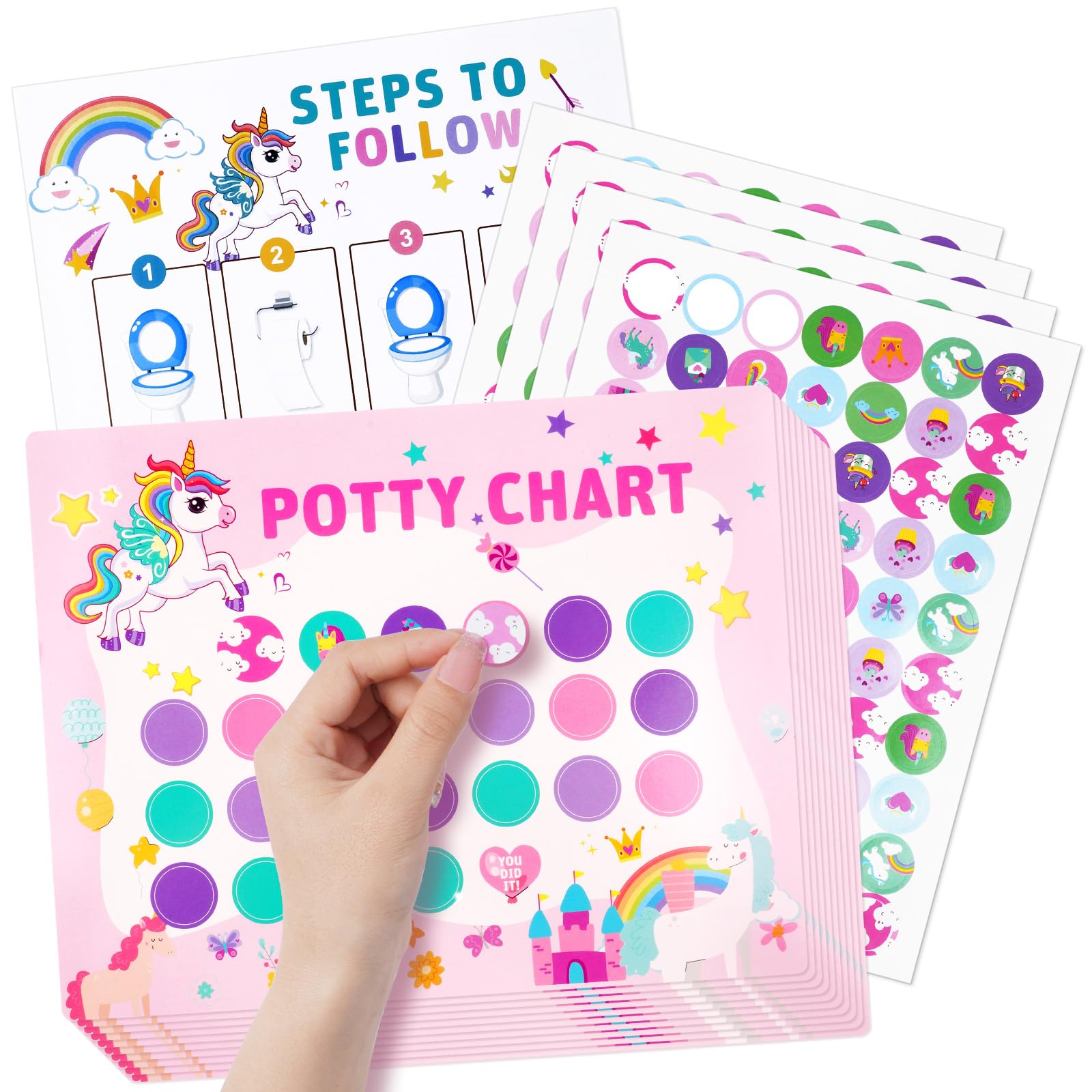 OFFCUP Potty Training Reward Chart, 10pcs Potty Training Chart for Toddlers, Dinosaur Potty Chart with 280 Sparkly Stickers Toilet Training Reward Chart with a Pen Develop Toileting Habit (Unicorn)