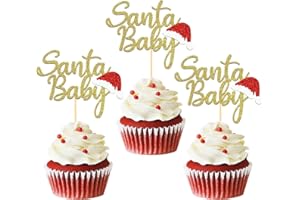MOITKPTT 24pcs Glitter Christmas Santa Baby Cupcake Toppers, Christmas Hat Cupake toppers First Cake Decorations for Baby Shower Birthday Party Supplies (Baby B)