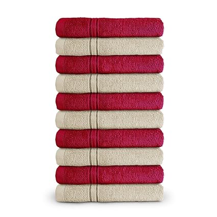 Swiss Republic Essential Plus Collection 480 GSM Ring Spun Cotton with Double Stitch Line Face Towels Set(Red/Ash Violet)-Pack of 10