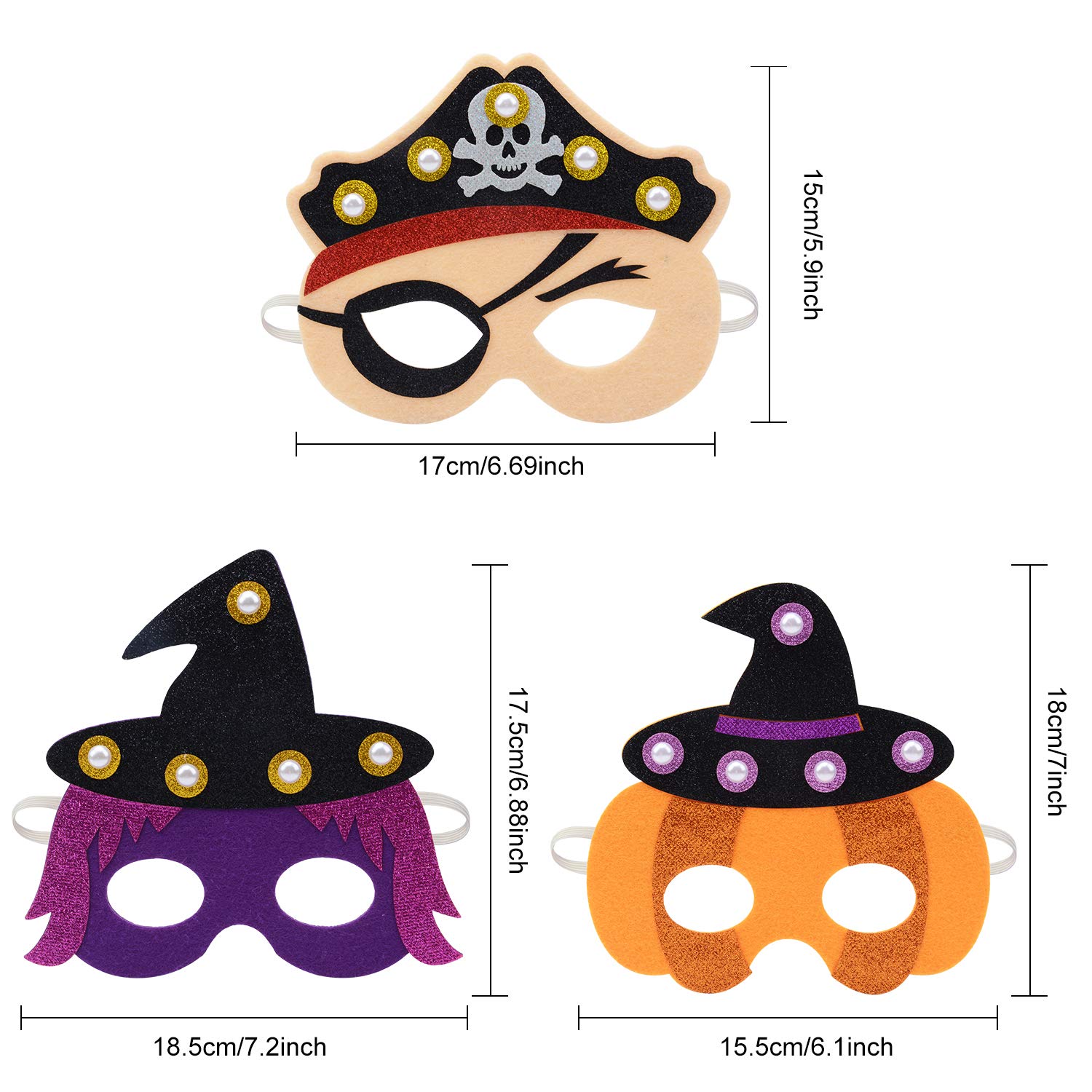 ZOYLINK Halloween Mask Kids Mask Felt Mask, LED Mask cosplay Mask Party Mask for Carnival Birthday Party Costume Ball to Play Pumpkin Pirate Witch Mask (6 Pack)