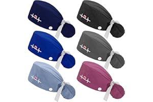 Honoson 6 Pcs Scrub Caps Women Nursing Hats with Buttons Adjustable Bouffant Nurse Hats Ponytail Holder Bouffant Turban