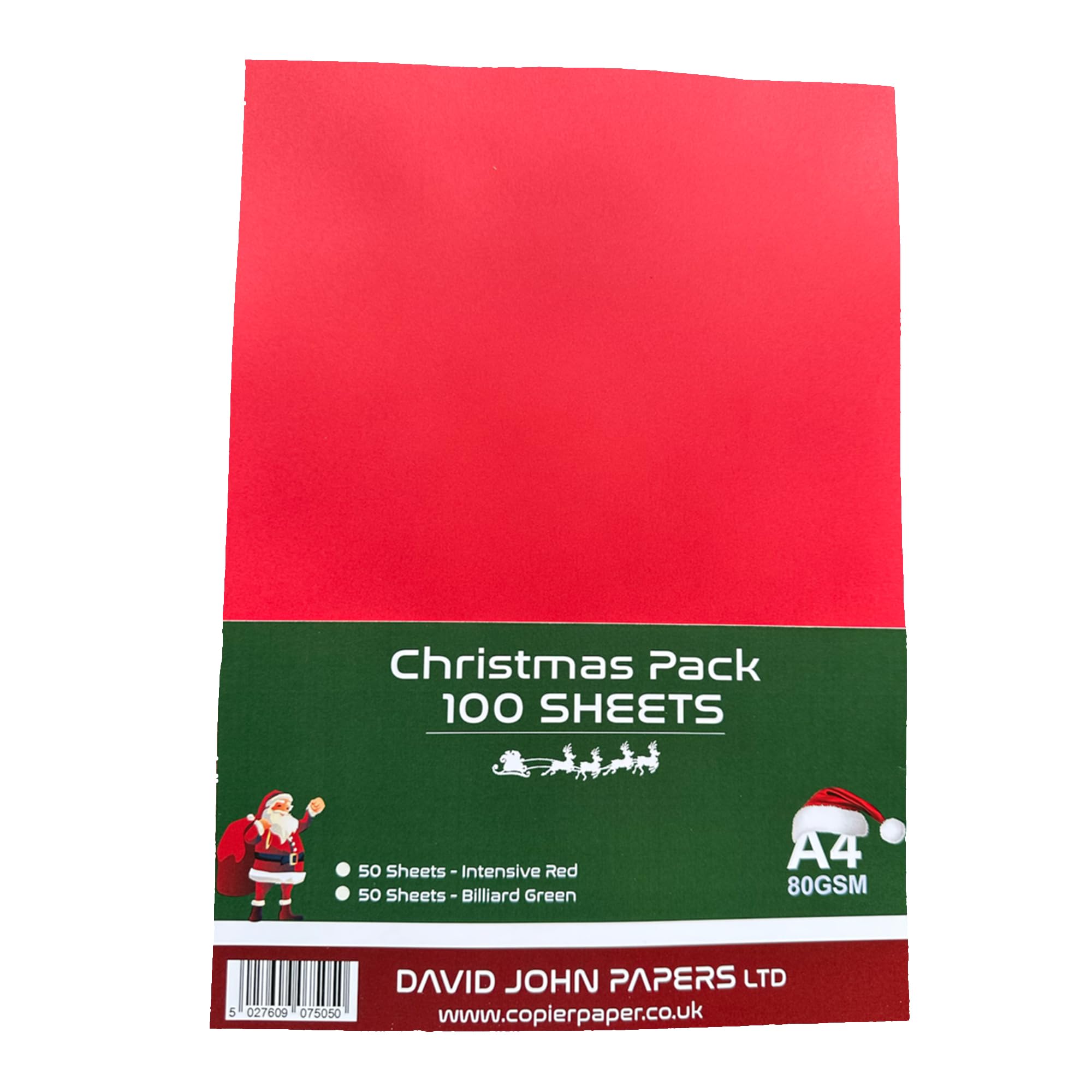 DJP A4 Christmas Coloured 80gsm Paper - Intensive Red & Billiard Green - 100 Sheets (50 Each Colour)