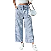 SOLY HUX Women's Striped Wide Leg Pants Tie Front Elastic High Waisted Baggy Pants Trousers with Pockets