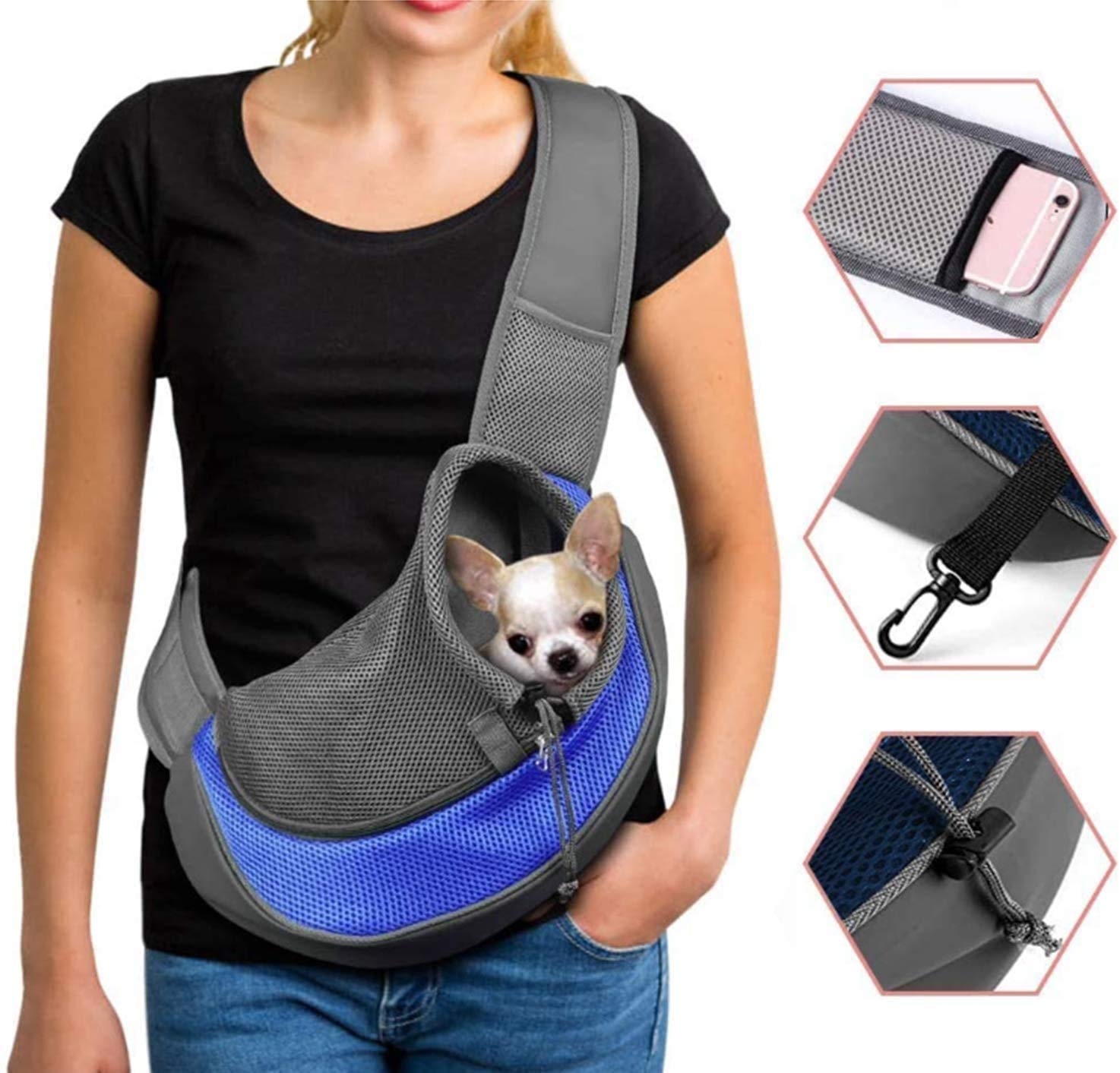 Dog Carrier Sling Breathable Mesh Hand Free Shoulder Tote Bag for Puppy Small Animals 4-8lb Adjustable Padded Shoulder Strap with Front Pocket Dog Carry Outdoor Walking Travel (4-8lb) (Blue+Grey)