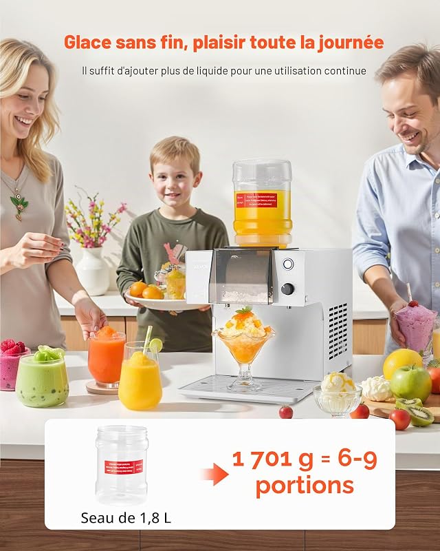 Broyeur à Glace Pilée 60 kg/24 h, Machine à Glace Râpée Flocon de Neige, avec Lame en Acier Inoxydable, Réservoir de 1,8 L, Pré-refroidissement Rapide, pour Dessert Boulangerie Café Maison — photo 4 sur 8