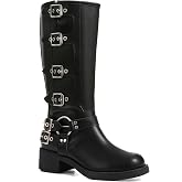 AMINUGAL Knee High Boots Women Moto Biker Buckle Tall Boots | Square Toe Pull On Riding Long Boots Chunky Low Heel Casual Vintage Rivet Club Trendy Motorcycle Festival Spring Summer Fall