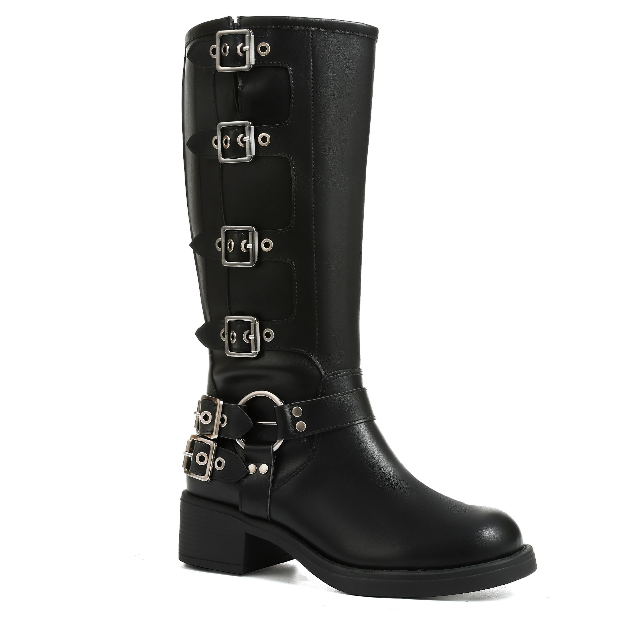 Photo 1 of AMINUGAL Black Knee High Boots Women Square Toe Pull On Wide Calf Riding Festival Buckles Chunky Metallic Casual Vintage Buckle Rivet Boots Size 7.5