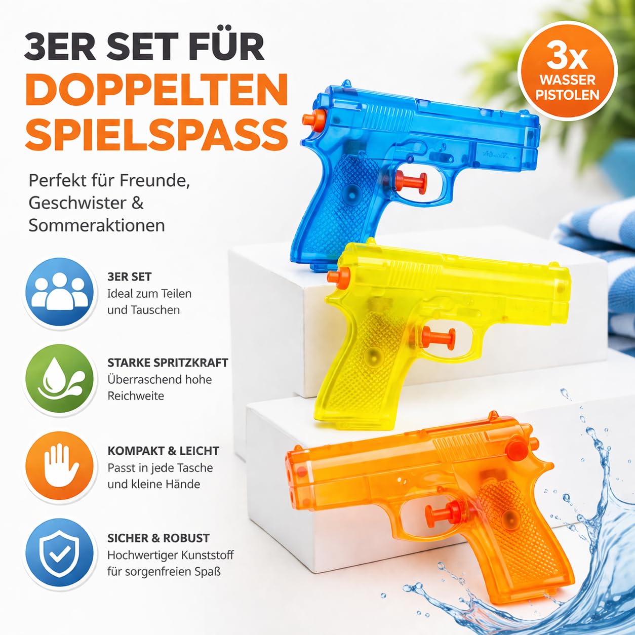 3er Wasserpistolen Set - ca. 12 cm mit großer Reichweite Wasserspritzpistole Spritzpistole klein mini für Kinder 2
