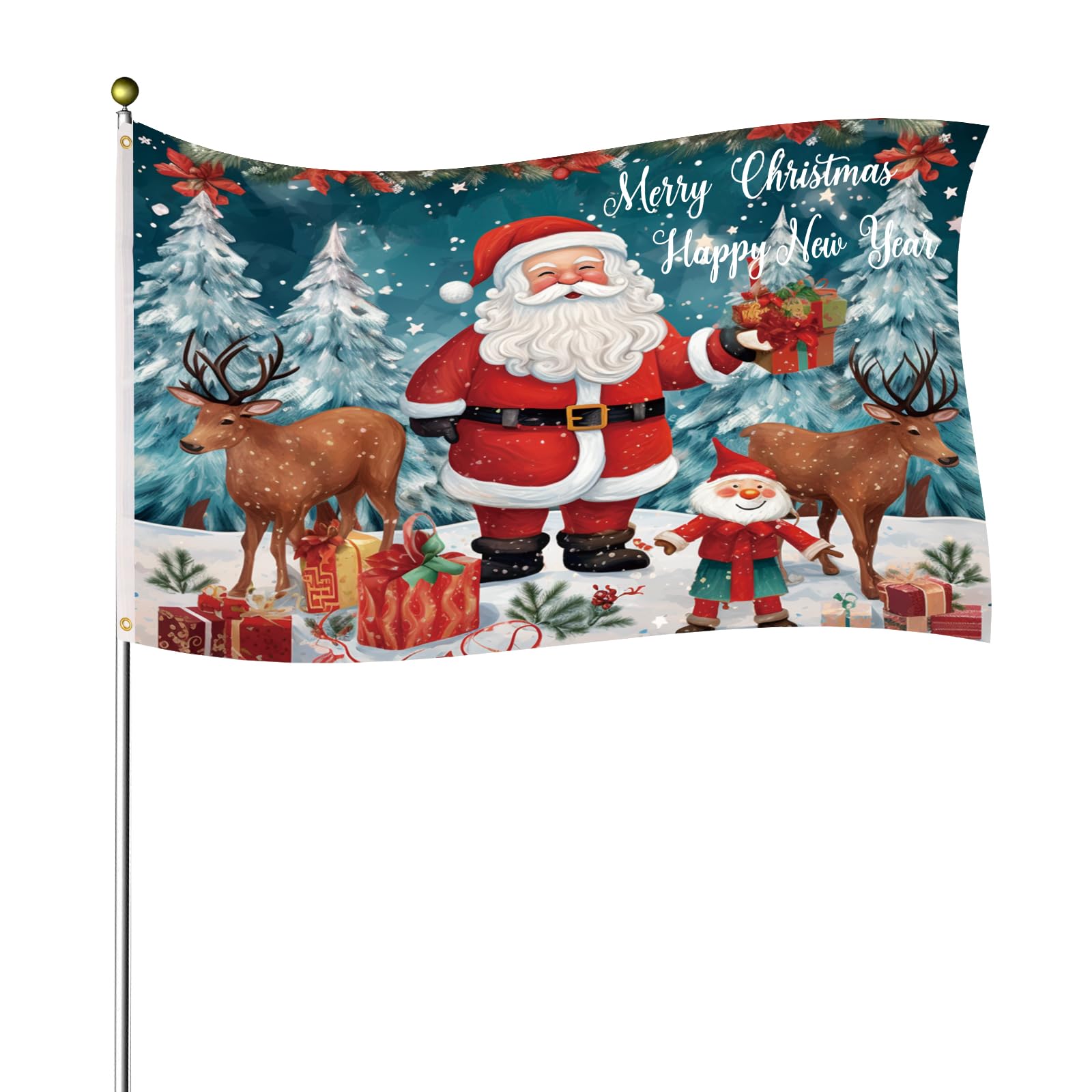 Large Christmas Flag, 3x5ft Merry Christmas Banner Double-Sided Polyester Happy New Year Flag Deer Santa Garden Flags for Outdoor Yard Winter Holiday Decoration