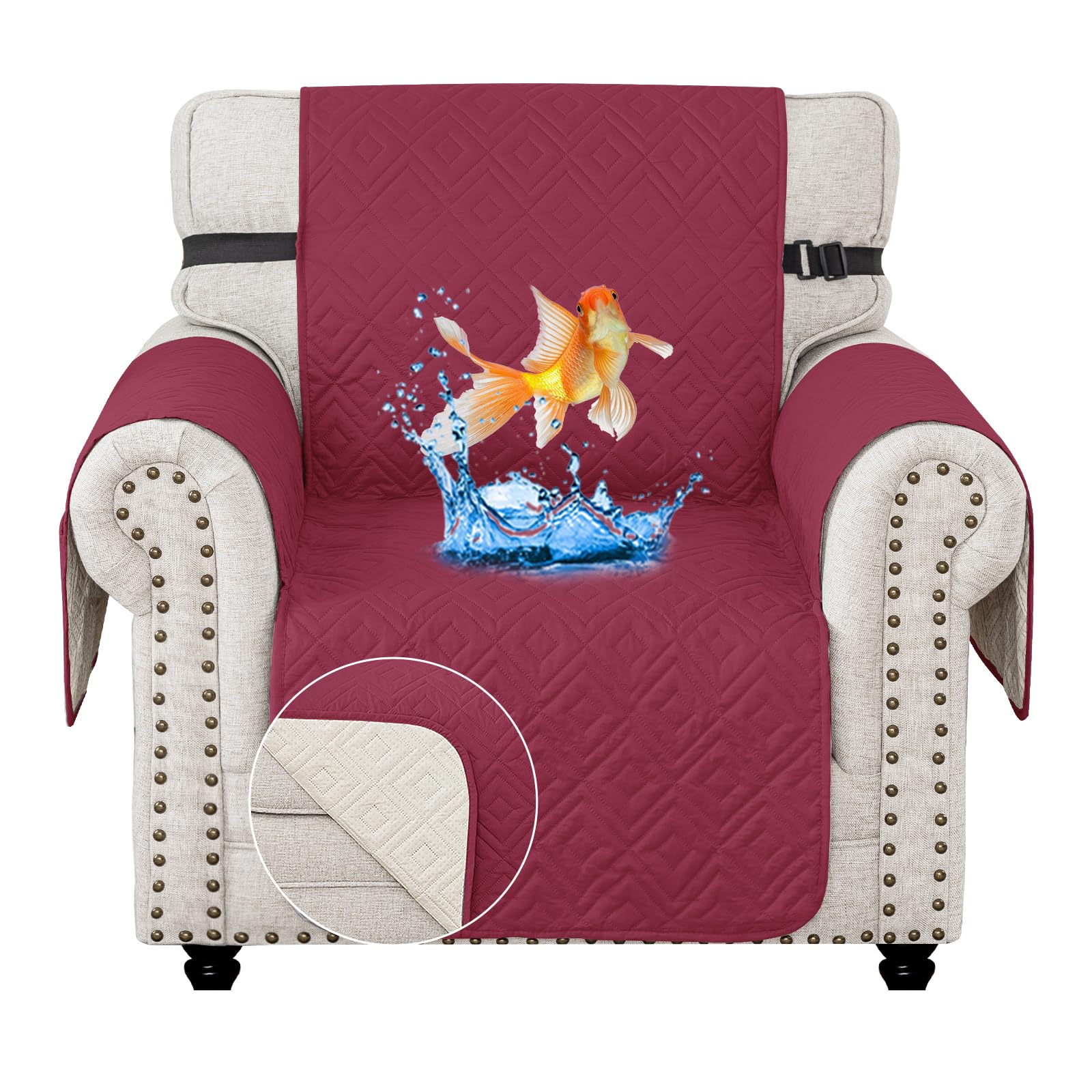 MAXIJIN Chair Covers Waterproof Sofa Slipcovers Non-Slip 1 Seater Sofa Protectors with Elastic Straps Reversible Universal Couch Covers for Dogs, Pets, kids (Wine Red, 1 Seater)