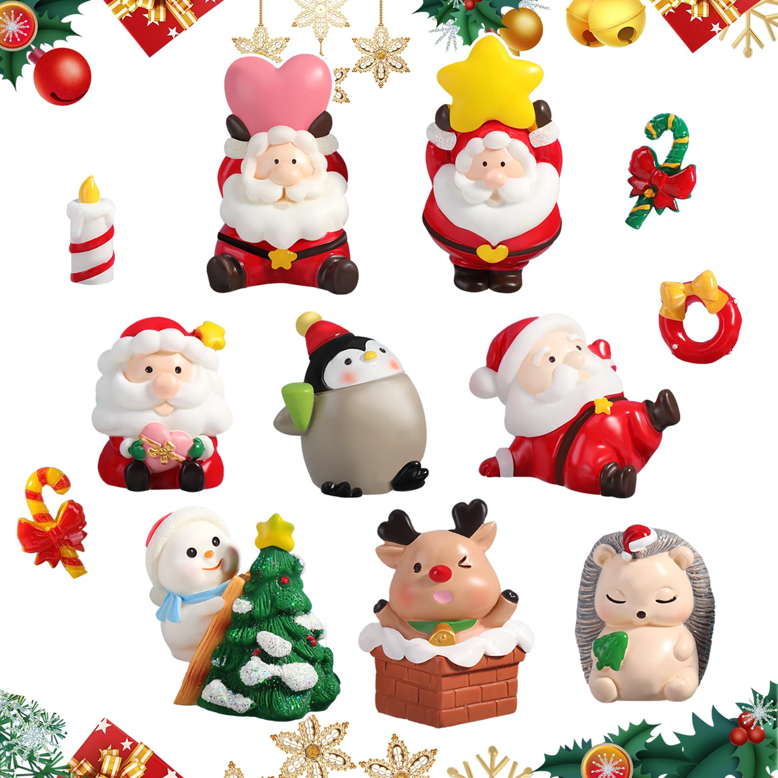 Pwsap 12Pcs Cute Christmas Figure Ornaments,Santa Claus Set Mini Resin Elk Penguin Cake Topper Decoration Christmas Tree Animal Snowman Figurines for Cake,Desk,DIY Fairy Garden,Home Decor