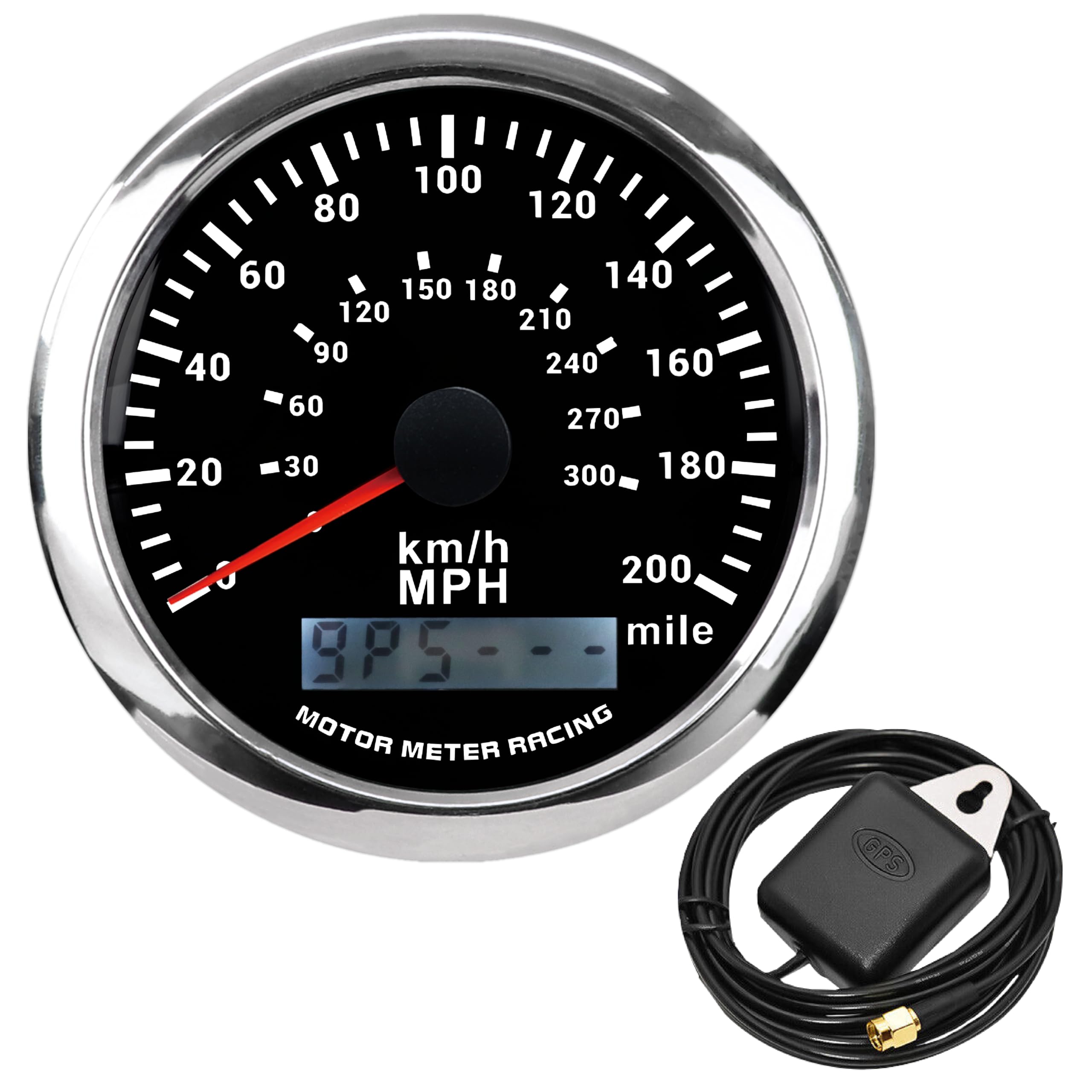 MOTOR METER RACING W Pro 85mm (3-3/8") GPS Speedometer & Digital Odometer – 200 MPH/300 KMH – Black Dial White LED – Electrical Gauge for Car Motorcycle Truck Marine