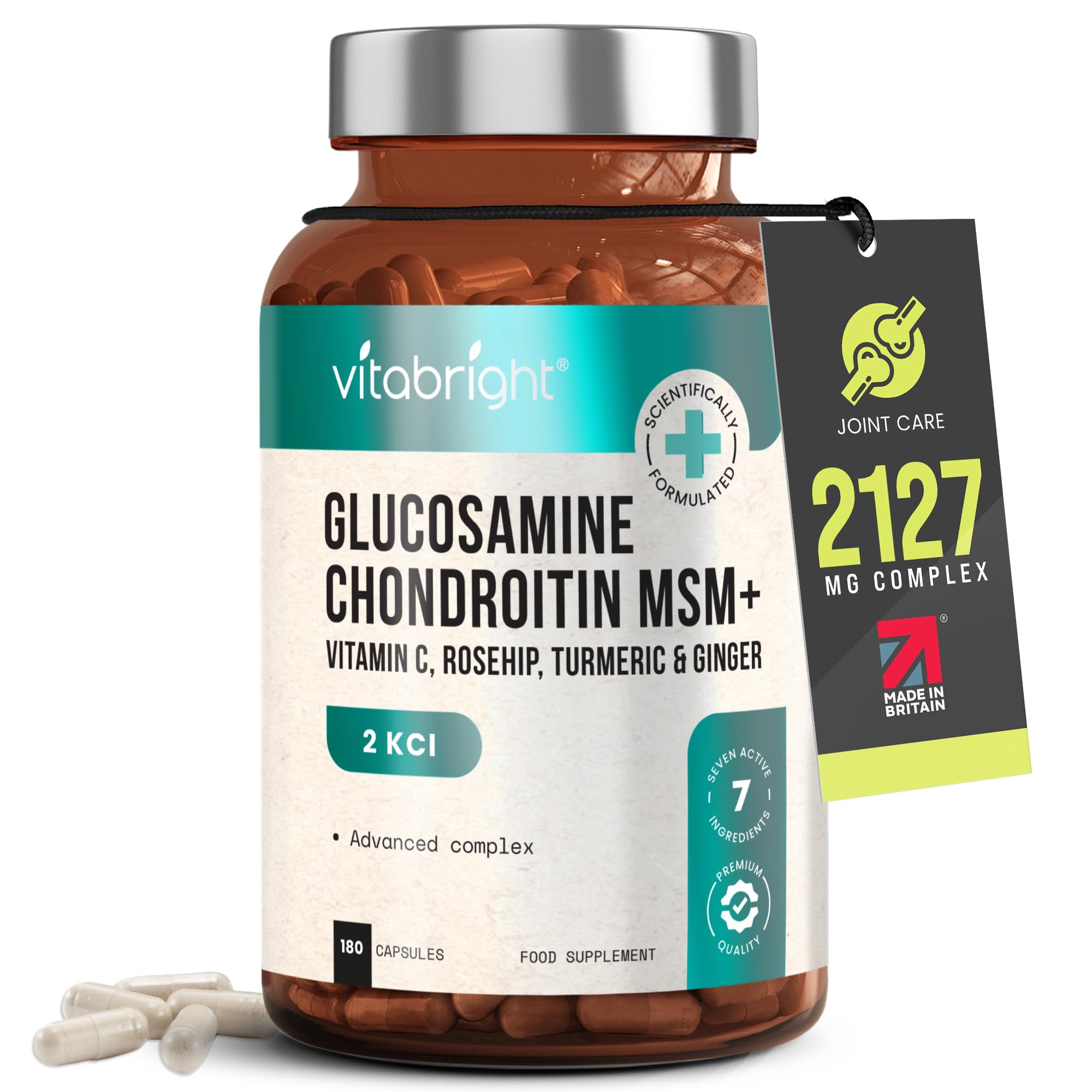 Glucosamine and Chondroitin High Strength Joint Care Supplements for Women & Men | 2127mg Complex with Vitamin C, MSM & Turmeric | 180 Capsules | VitaBright Joint Support Tablets