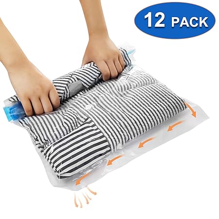 12 tlg Set Reise Vakuumbeutel, Suob 3 Größen (70x50cm, 60x40cm, 50x35cm) Vakuum Aufbewahrungsbeutel zum Rollen für Kleidung, 