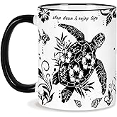 Sea Turtle Coffee Mug 11 Oz Sea Turtle Gifts Valentines Day Birthday Gift for Women Men, Boho Black and White Coffee Mug, Birthday Gifts for Friends Ceramic Mugs Microwave and Dishwasher Safe