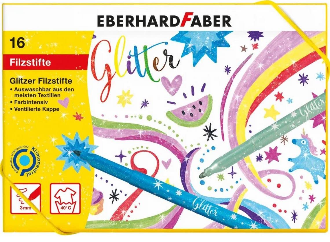 Eberhard Faber 551016 Glitter Felt Tip Pen Set, 16 Colouring Pens with Basic and Pastel Colours