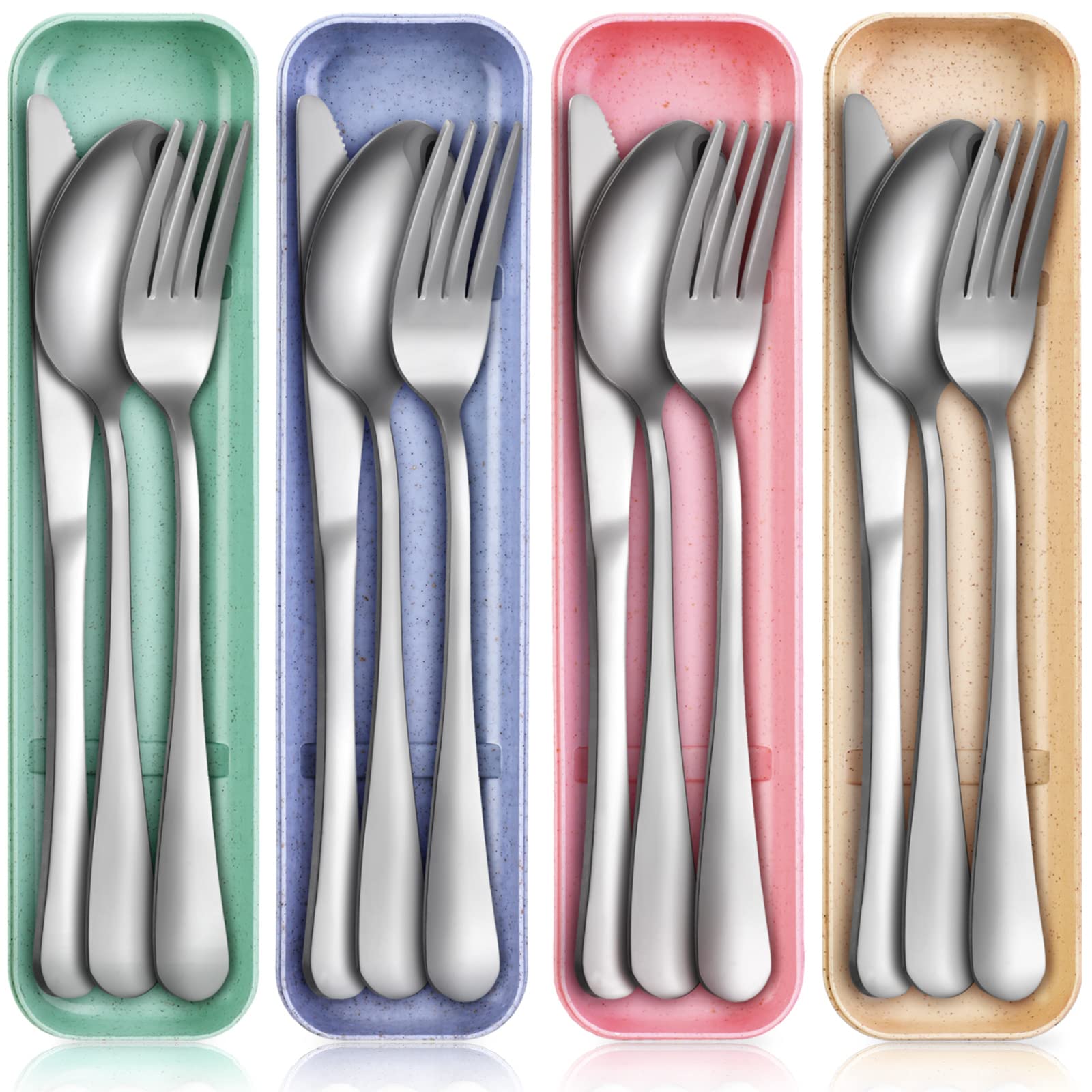 Photo 1 of **ALL CASES ARE CRACKED-UNUSABLE**Yinkin 4 Pack Portable Travel Utensils Set with Case Reusable Stainless Steel Silverware Flatware Camping Cutlery Include Fork Spoon Knife for Work School Dishwasher Safe(Blue, Beige, Green, Pink)