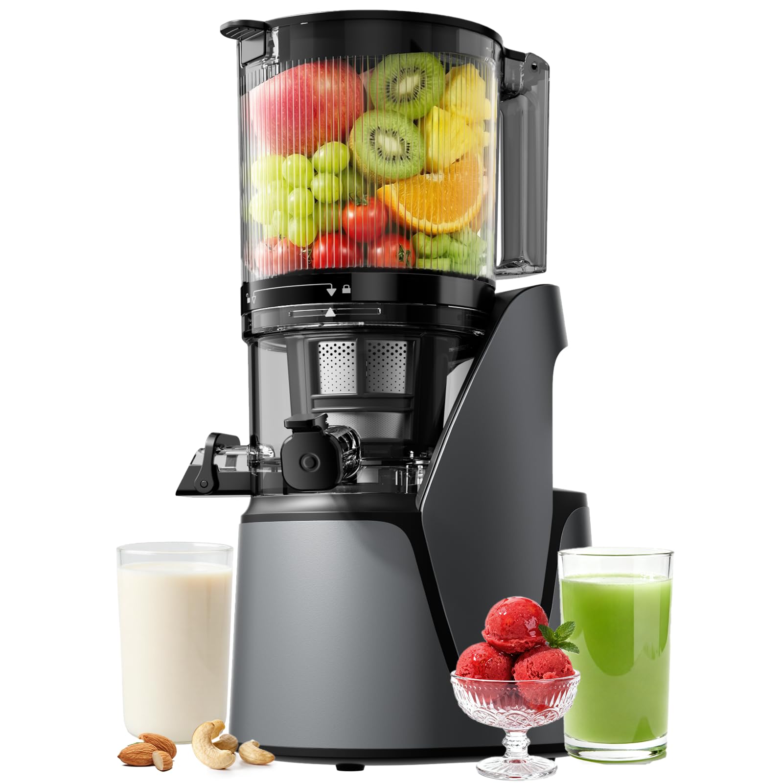 Photo 1 of EanOruus Juicer Machines, 3-in-1 Cold Press Juicer with 6.5" Extra Large Chute, 100oz Large Capacity, AC Motor, Makes Juice, Nut Milk & Sorbet, Premium Gray