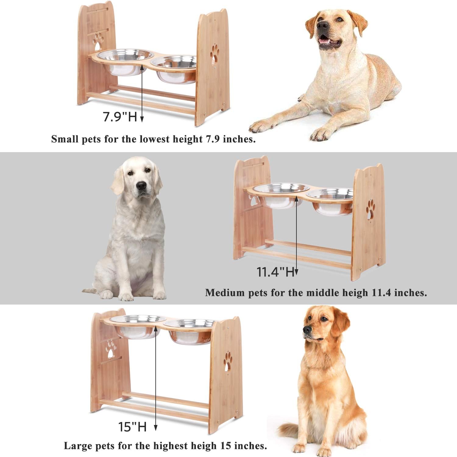 Kitchen & Dining : X-ZONE PET Raised Pet Bowls for Cats and Dogs, Adjustable Bamboo Elevated Dog Cat Food and Water Bowls Stand Feeder with 2 Stainless Steel Bowls and Anti Slip Feet (Height 16.3") : 