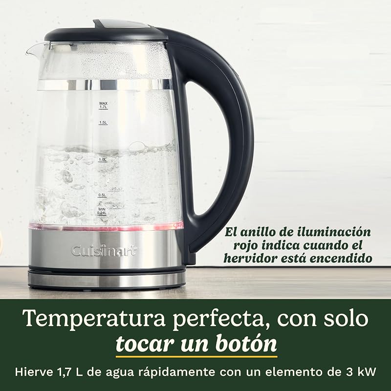 hervidor de vidrio 1,7 L con control de temperatura, hervido rápido 3 kW, exterior frío al tacto, doble pared, sin BPA, pico antigoteo, base 360°, apagado automático y pantalla táctil