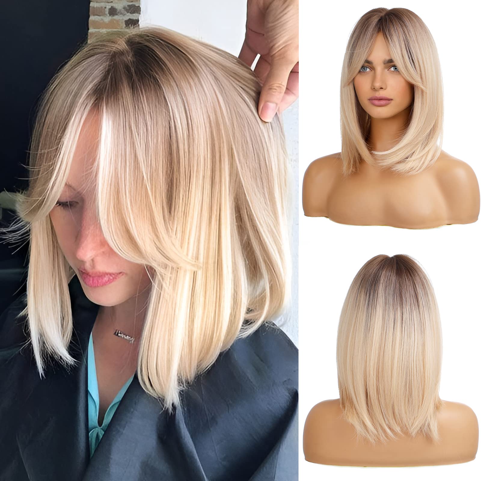 HAIRCUBE Blonde Wigs for Women, Shoulder-Length Layered Hair with Dark Roots, Synthetic Short Wig with Fringe for Daily or Cosplay