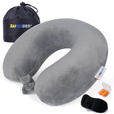 SAIREIDER Airplane Pillow 100% Memory Foam Neck Pillow for Airplanes Flight Rest Best Adjustable Travel Neck Support Pillows-Prevent The Heads from Falling Forward (Grey)