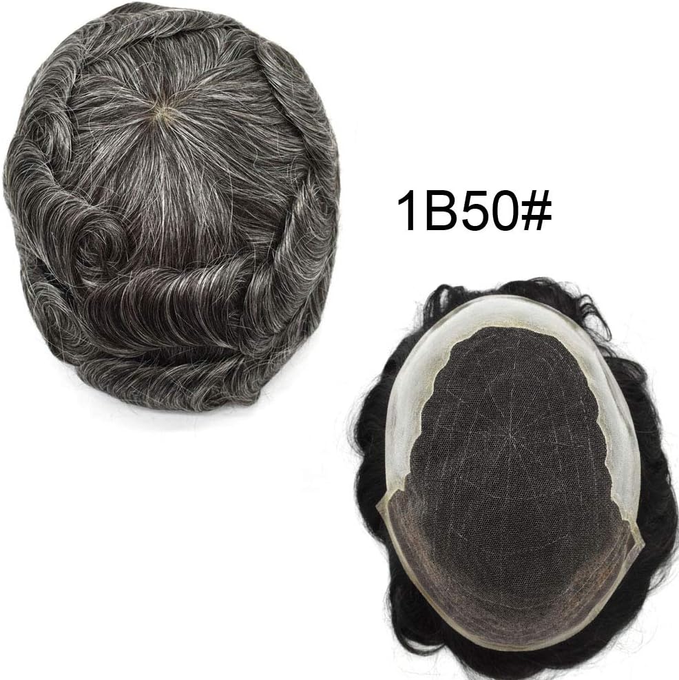 Lace Base Toupee Indian Remy Human Hair Men's Hairpieces Density 120% Pu Sides and Back Breathable Short Hair Wigs Lace Hairpieces (9X7", 1B50# 1B#+50% SYNTHETIC GREY)