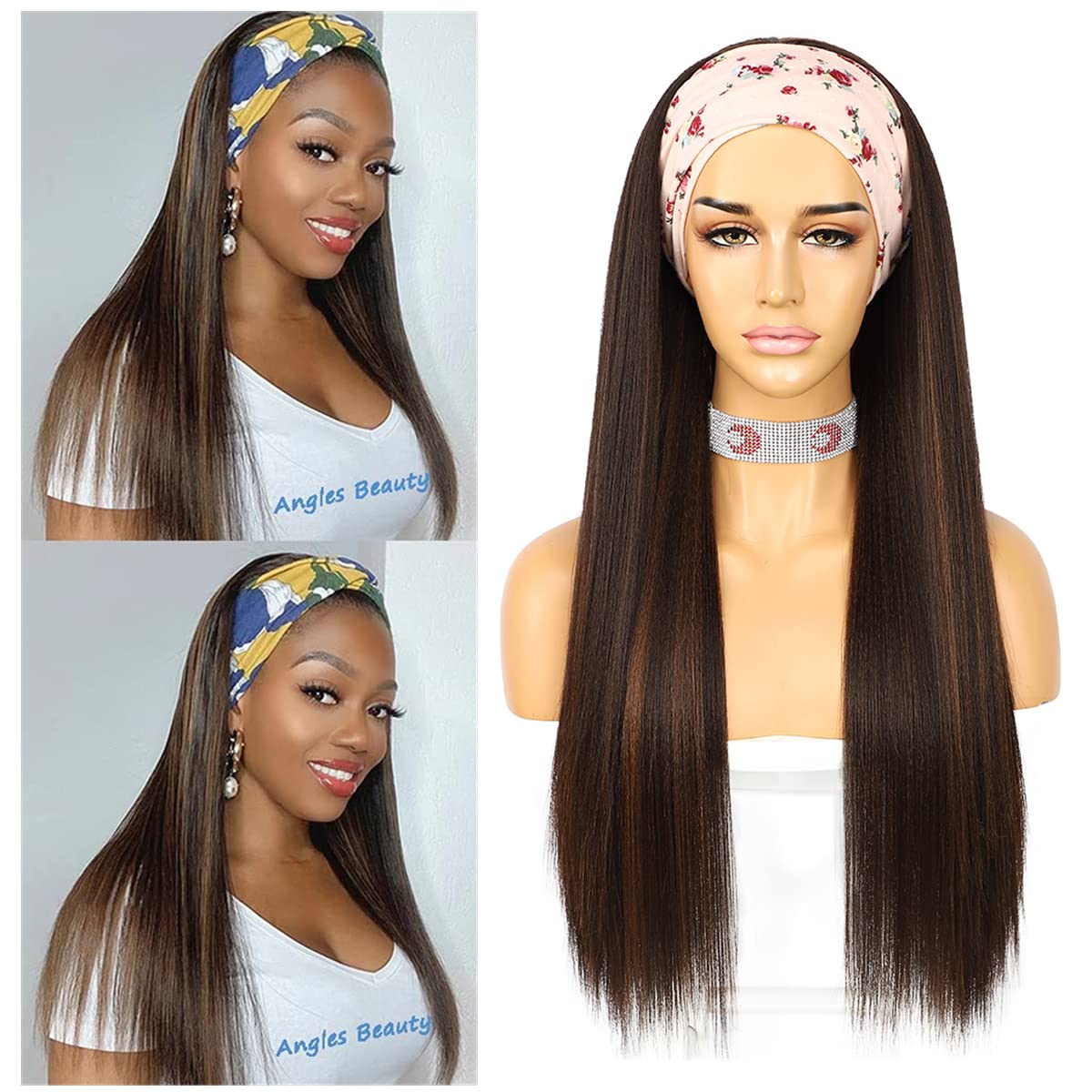 Sapphirewigs Straight Headband Wigs for Women Highlight Brown Synthetic Glueless Light Yaki Headband Wig Heat Resistant 26 inch